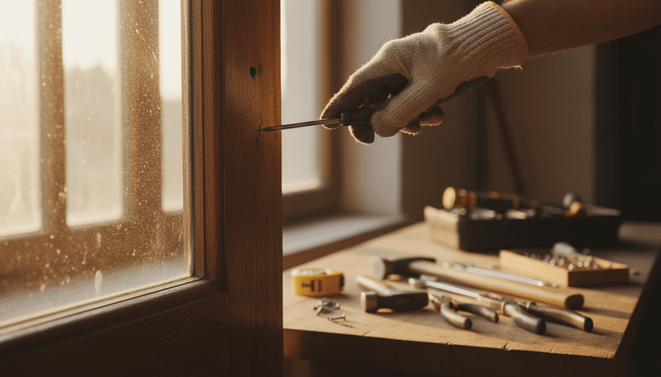 Handyman's hand tightening a screw on a wooden door frame with tools nearby