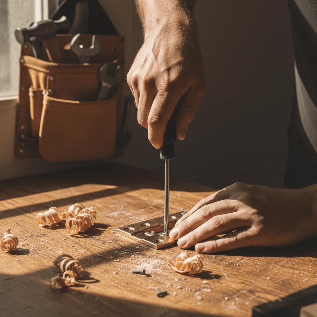 Handyman's hands tightening a cabinet hinge with a screwdriver