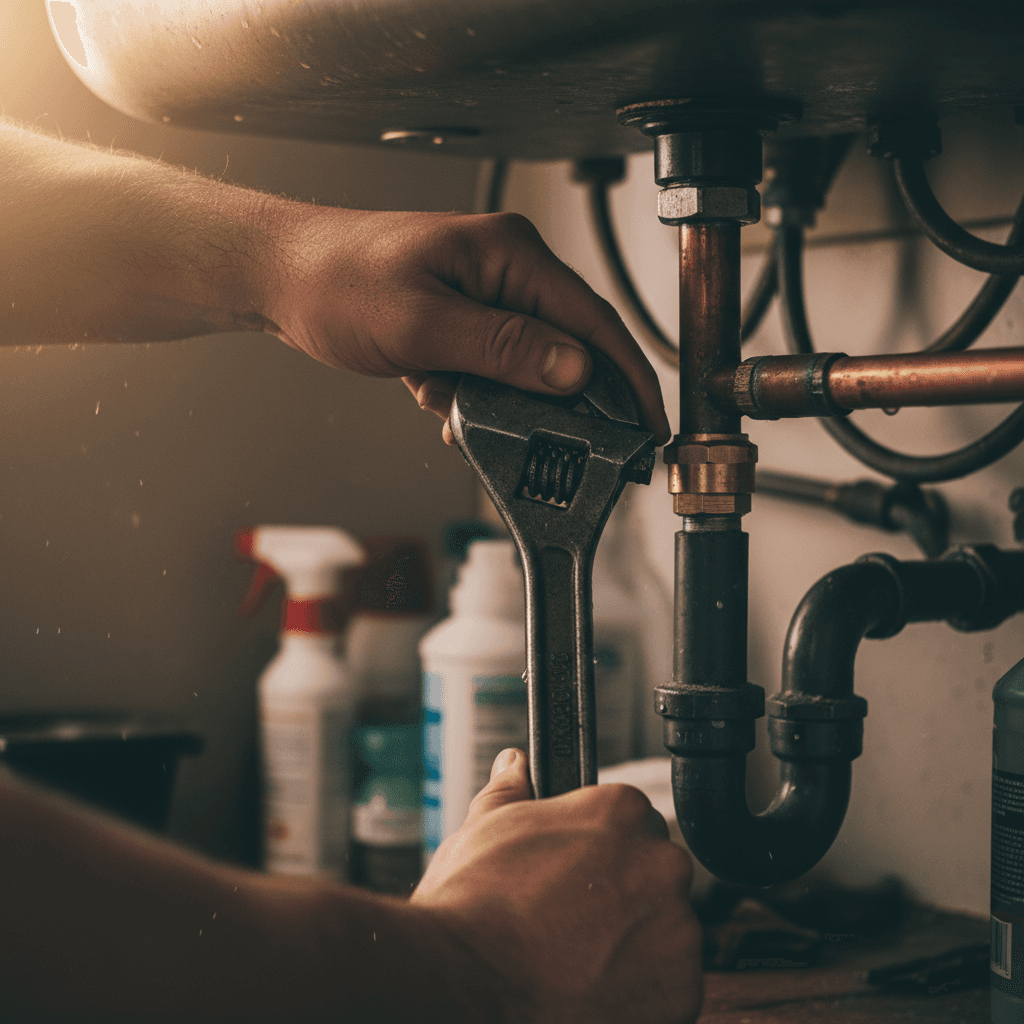 Hands tightening a copper pipe fitting with a wrench