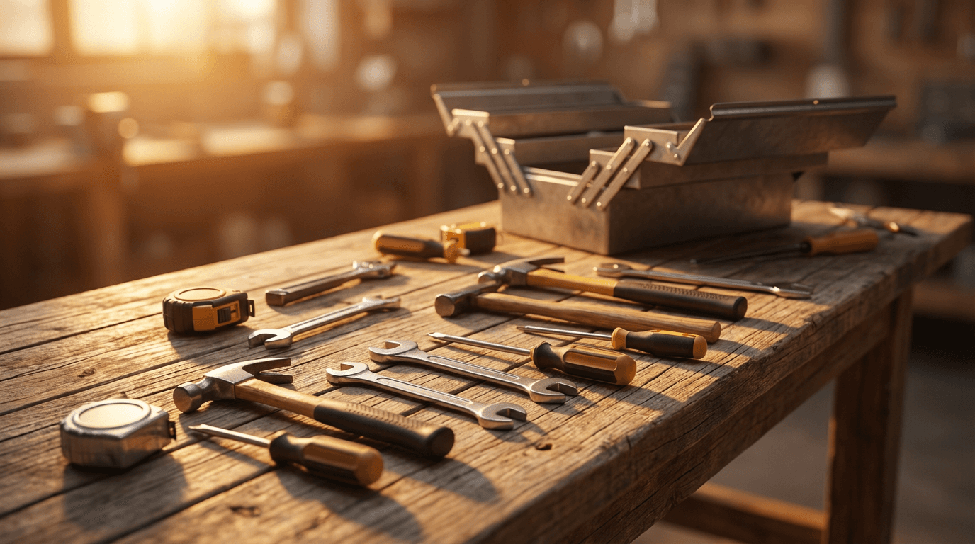 Handyman's workbench with organized tools ready for a project