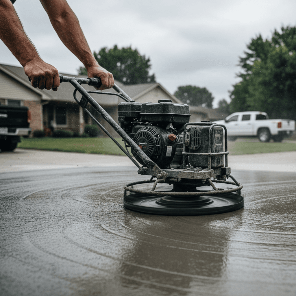 Hand smoothing fresh concrete on a residential driveway