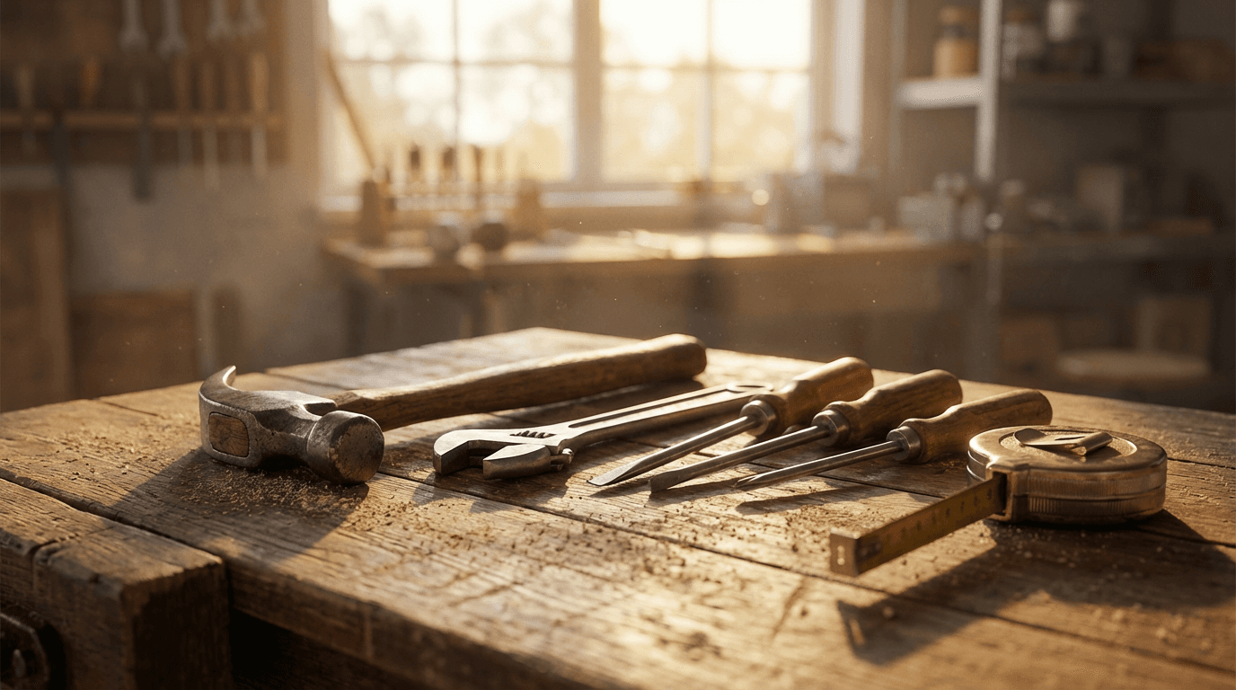 Handyman's hands holding a wrench over a workbench with tools