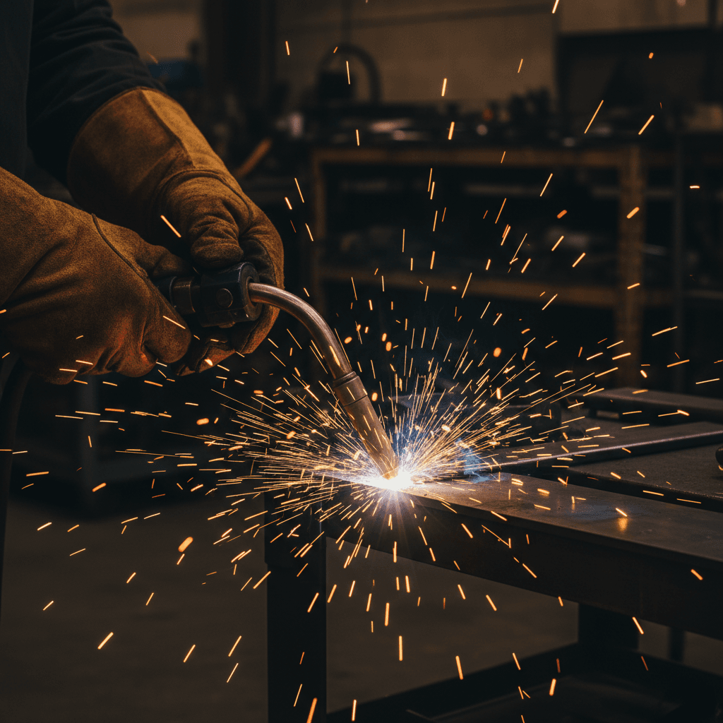 Close-up of a handyman welding metal with sparks flying