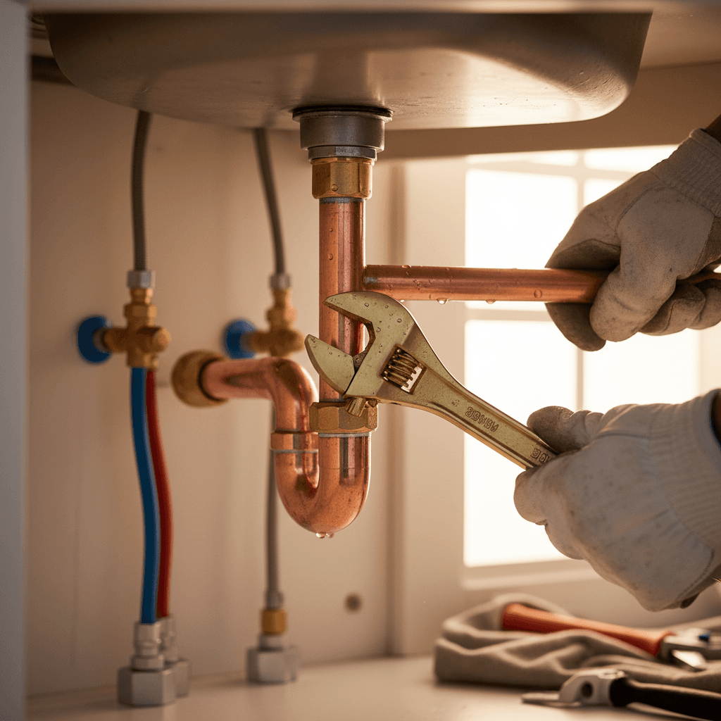 Handyman tightening a pipe under a sink