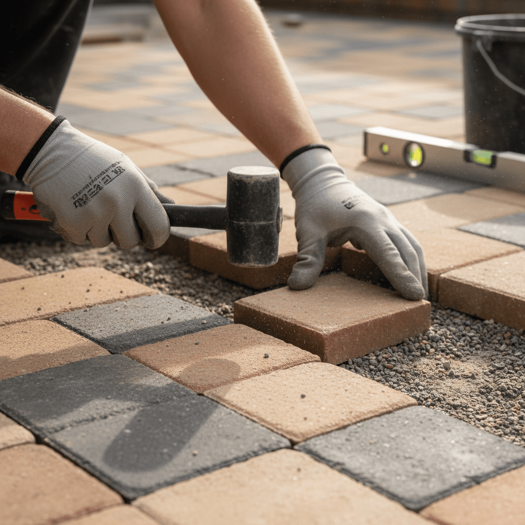 Hands positioning a concrete paver into a prepared bed of sand
